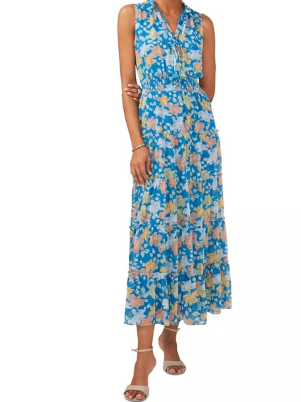 1. State Blue Floral Botanical Garden Party Boho Chic Tiered Maxi Dress Large